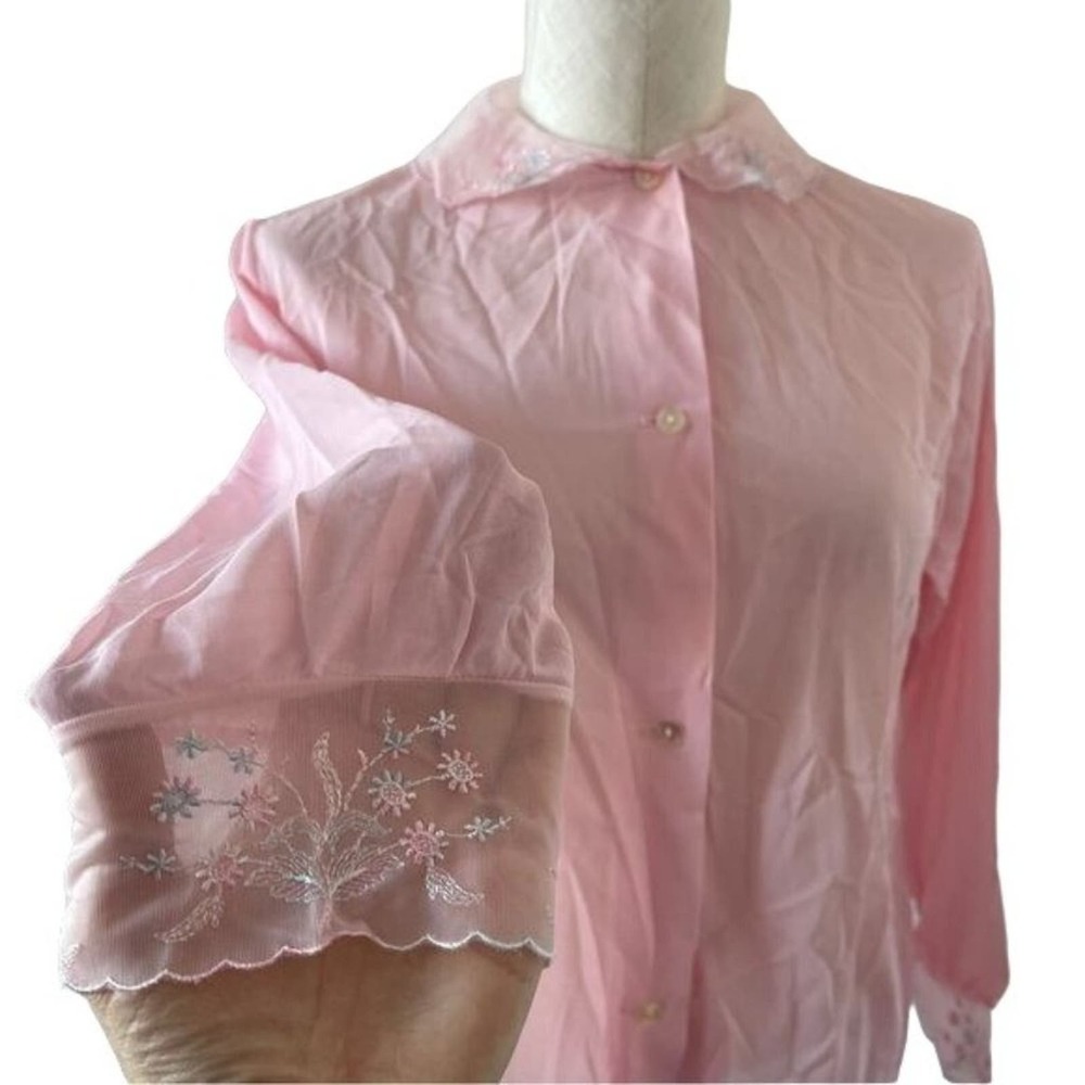 Vintage 60s Blouse Sleep Shirt Blush Pink Nylon Semi Sheer Top Floral Hems Sz 36 - Picture 1 of 11